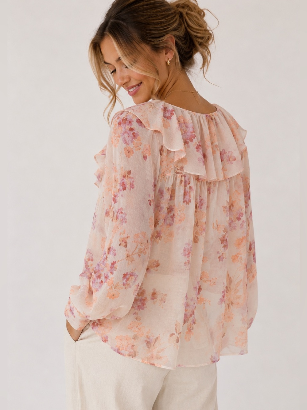 Floral Ruffle Collar Sheer Blouse Cottagecore Boho Prairie Size M